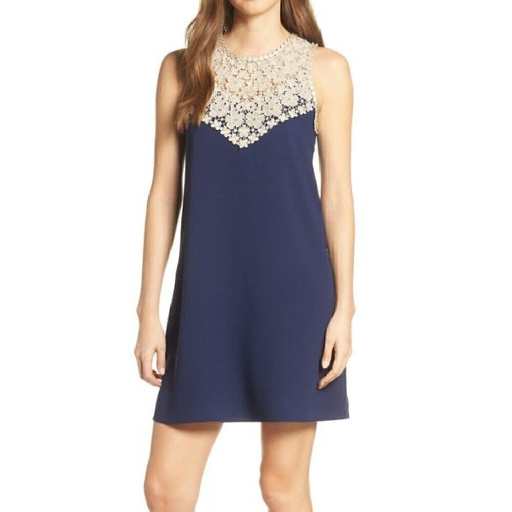 EUC‎ Size 0 Lilly Pulitzer Navy & Gold Lace Nala Shift Dress
